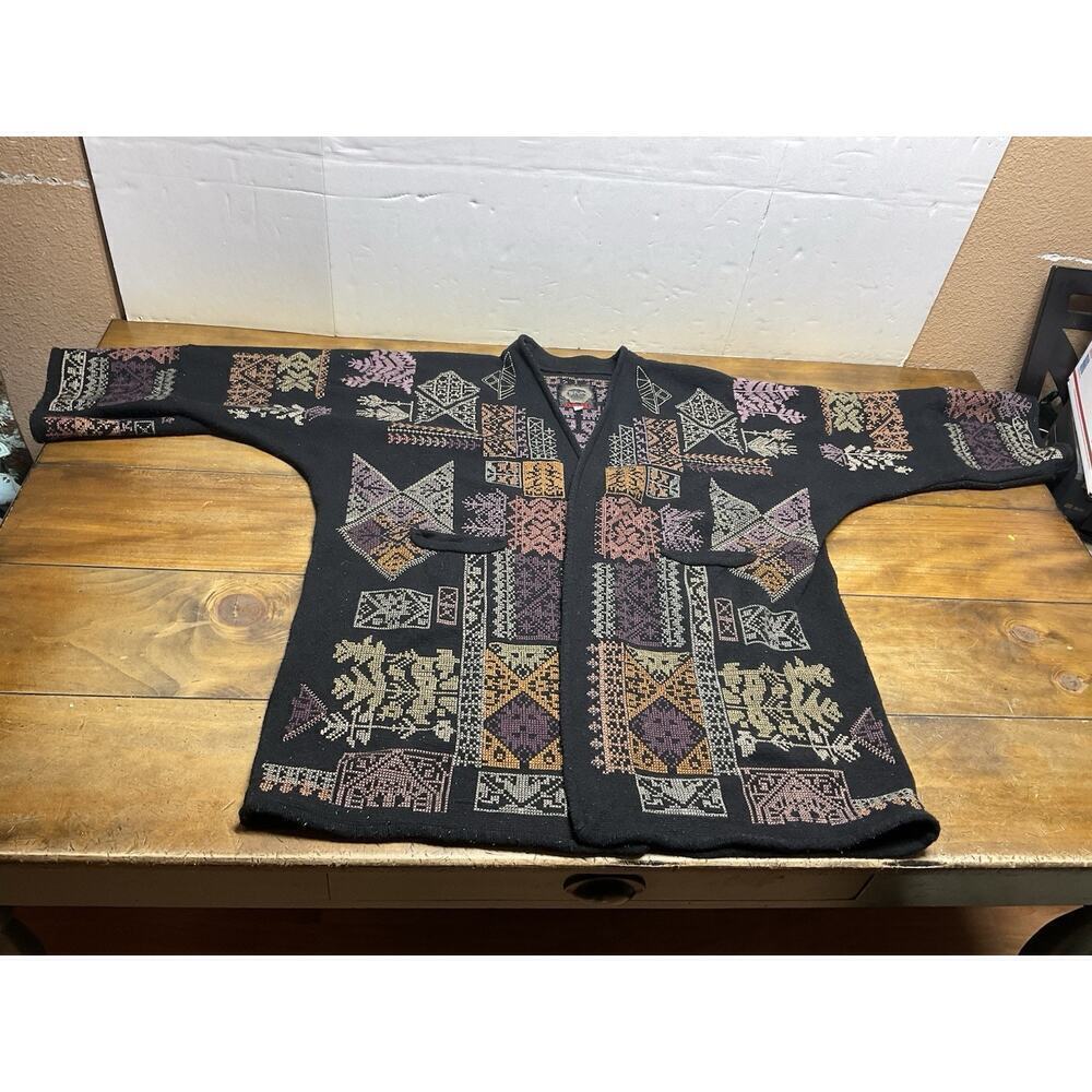 Johnny Was Biya Fenella Embroidered Kimono Cardigan Black Knit Open Front Small